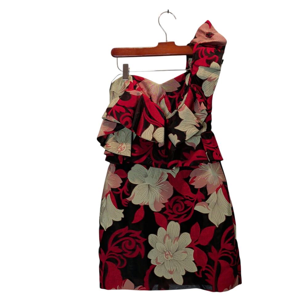 Mestiza NY Sz 2 Black Red Floral Jacquard One Shoulder Ruffle Mini Dress Formal